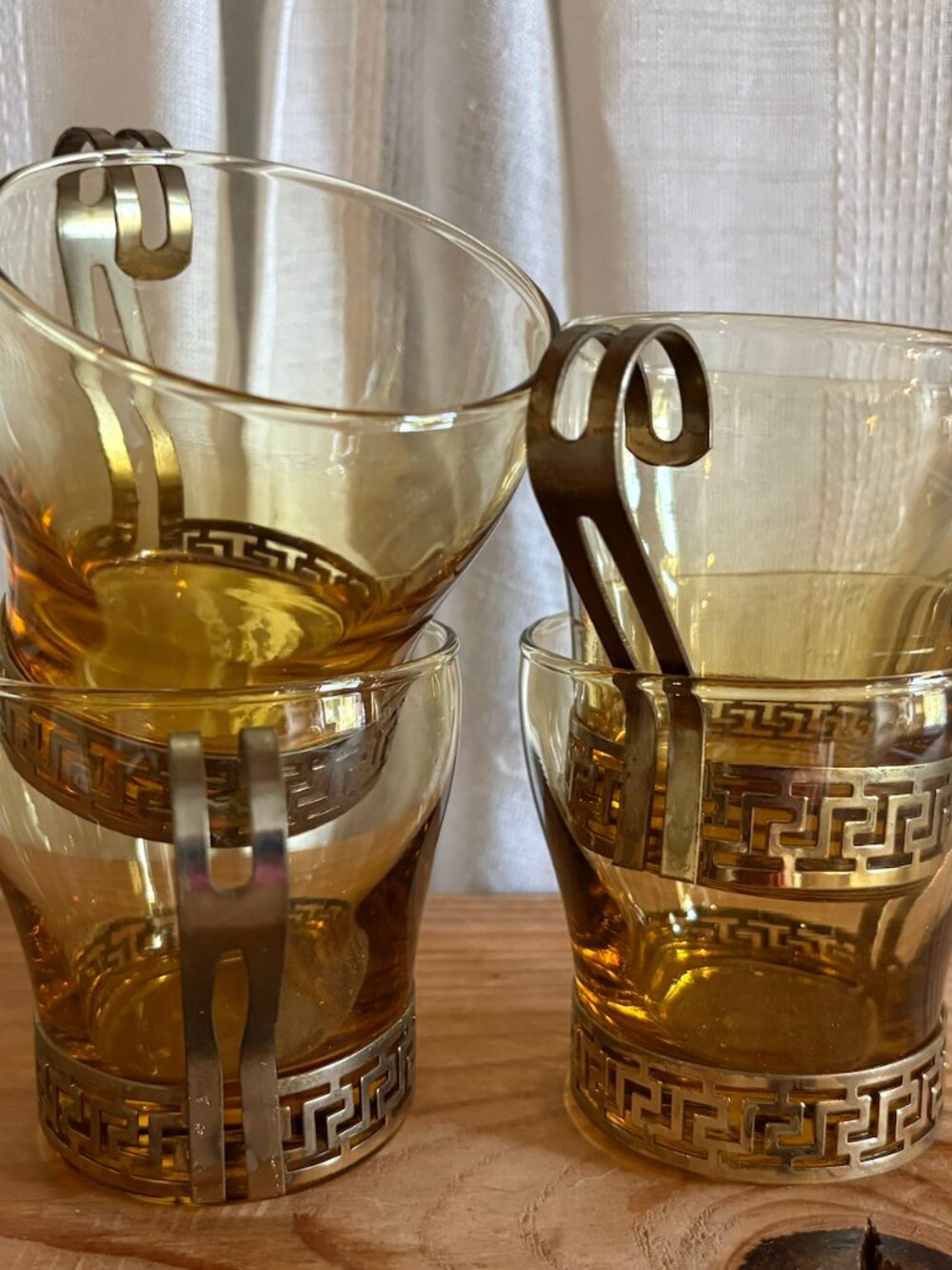 Vintage Mid-Century Modern Libbey Amber Glass Cups with Greek Key Metal Holders